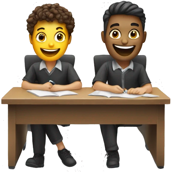 3 European students sitting at desk. They are laughing at lesson emoji