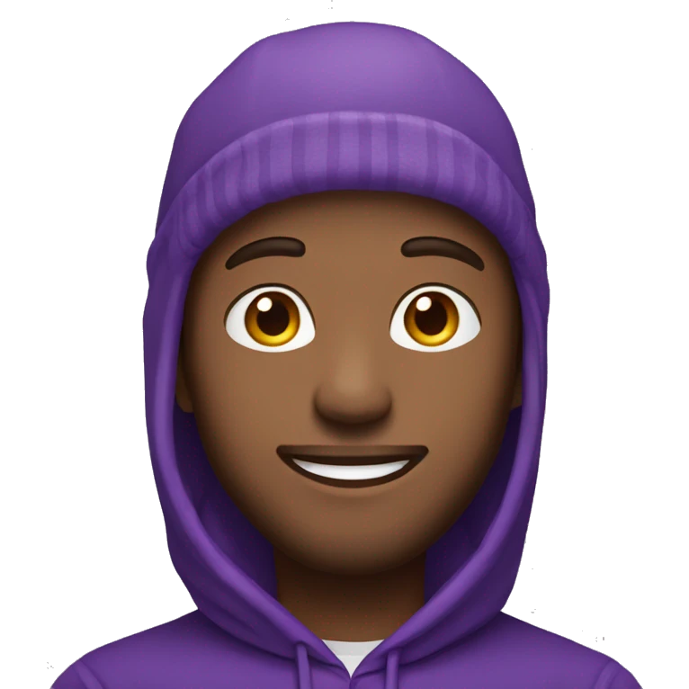 Man with brown hair with purple hoodie and purple beanie smiling from side emoji