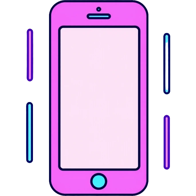 smartphone screen showing video tutorial interface, pink and light blue colors, with neon glow lines, blue neon light on top left, purple neon light on bottom right emoji