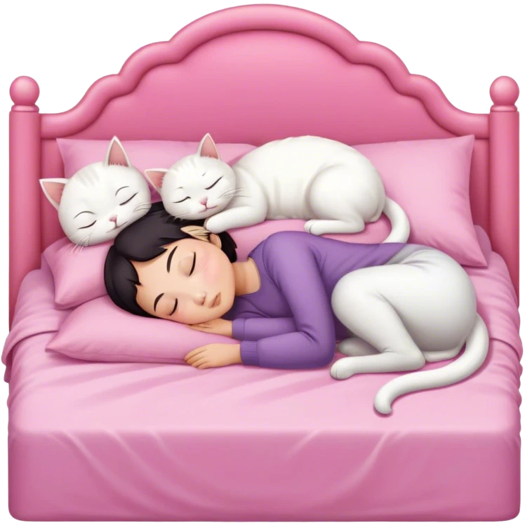 White cat sleeping with Asian girl short hair in pinky bed  emoji