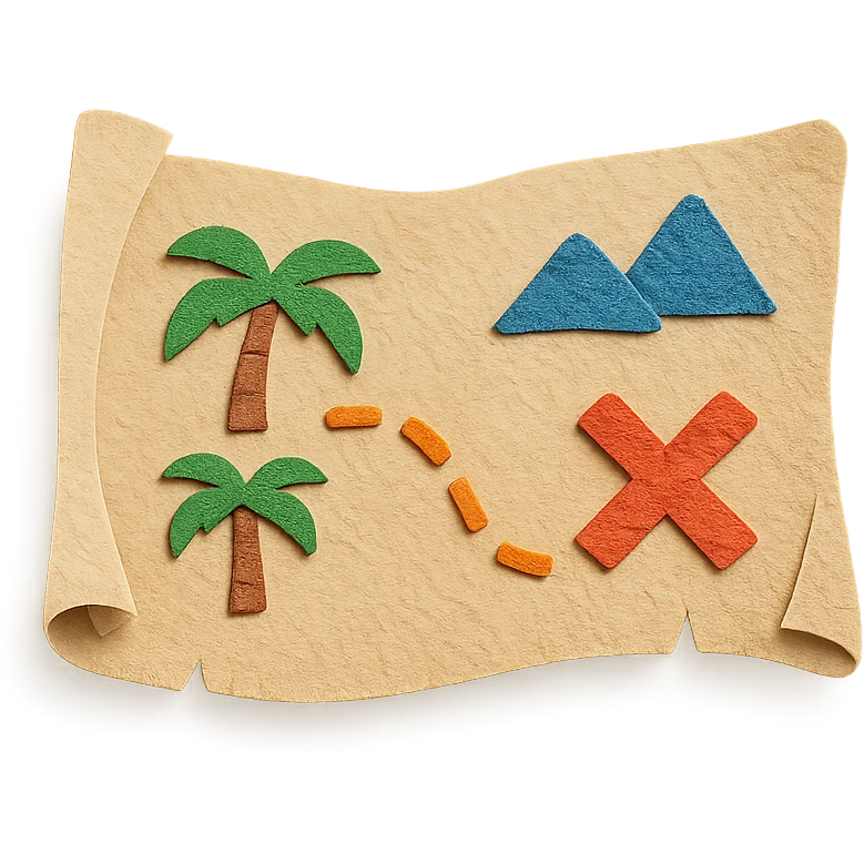 open treasure map with palm trees, mountains, and a red X, textured paper details emoji