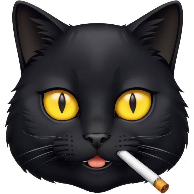 A black cat with a cigarette in his teeth and yellow eyes emoji