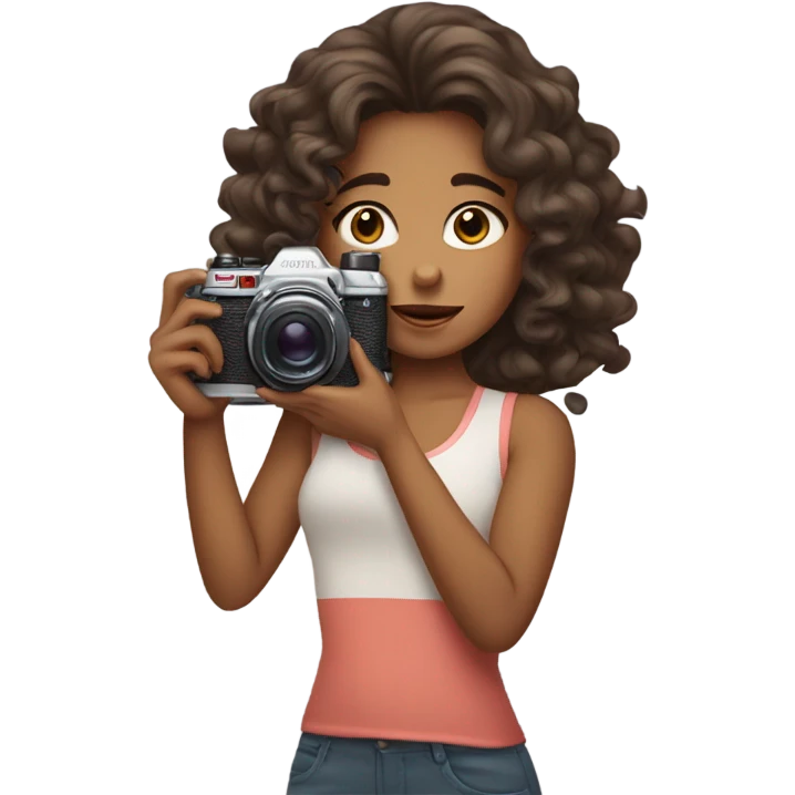 UGC content girl holding camera covering face, olive with brown soft Hollywood curls emoji