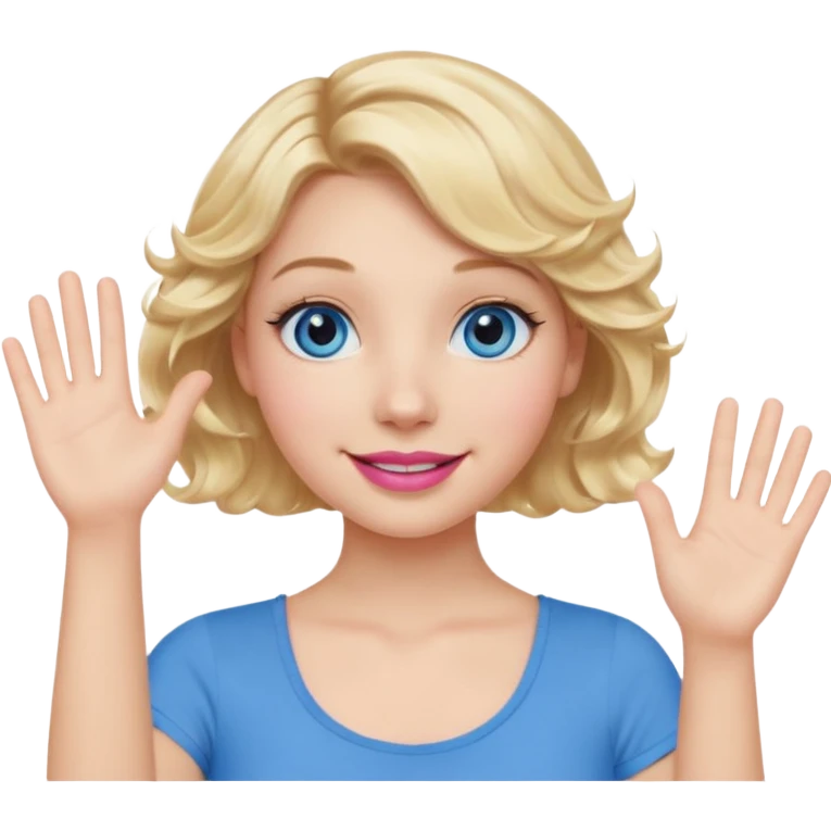 Girl Blonde short wavy hair,  blue eyes, cute blue top, long lashes, pink lips, waving hello  emoji