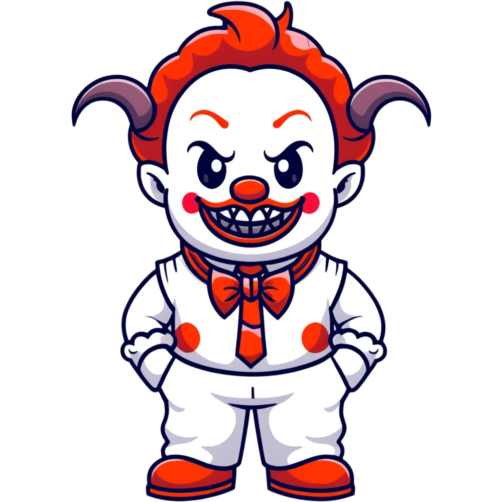 full-body demonic clown in a white leisure suit with bellbottom pants, bald, with black ram horns, flashy belt, ruffled shirt, no neck tie, large fangs in mouth emoji
