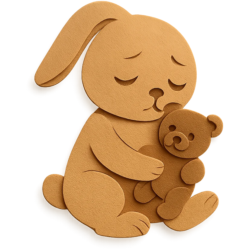 flawless, highly detailed, high quality paper craft style illustration of a caramel-colored bunny holding a teddy bear, eyes drooping, perfect proportions, no imperfections, intricate textures, soft lighting, delicate cut-paper details emoji
