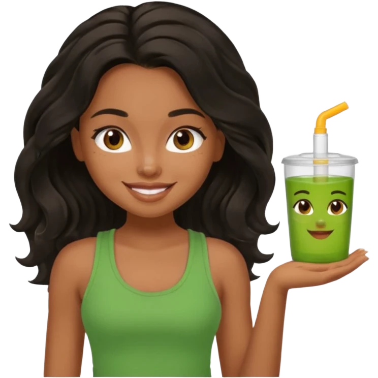 a pretty bratz brown girl with long wavy black color hair, brown eyes and green tank who is smiling emoji