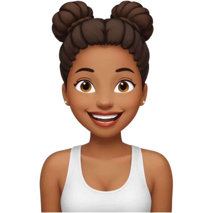 a black woman with a bun, wearing a white tank top, laughing with ber ehes emoji