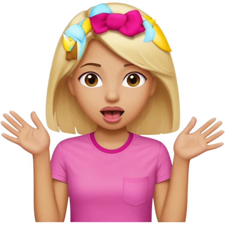tan girl with blonde hair with a pink shirt on with her tongue out and hands to the side emoji