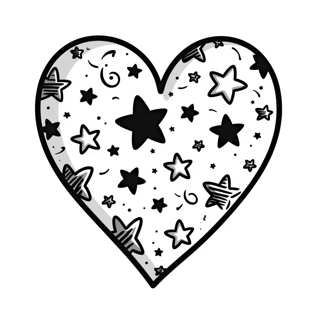 hand drawn heart with stars and swirls, doodle style emoji