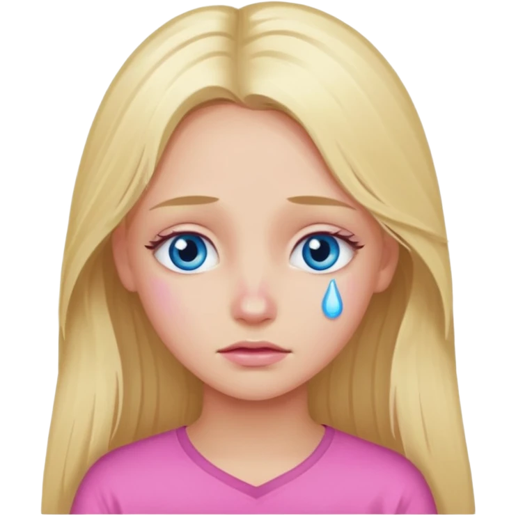 Blond long hair girl with blue eyes in pink with tears in eyes emoji