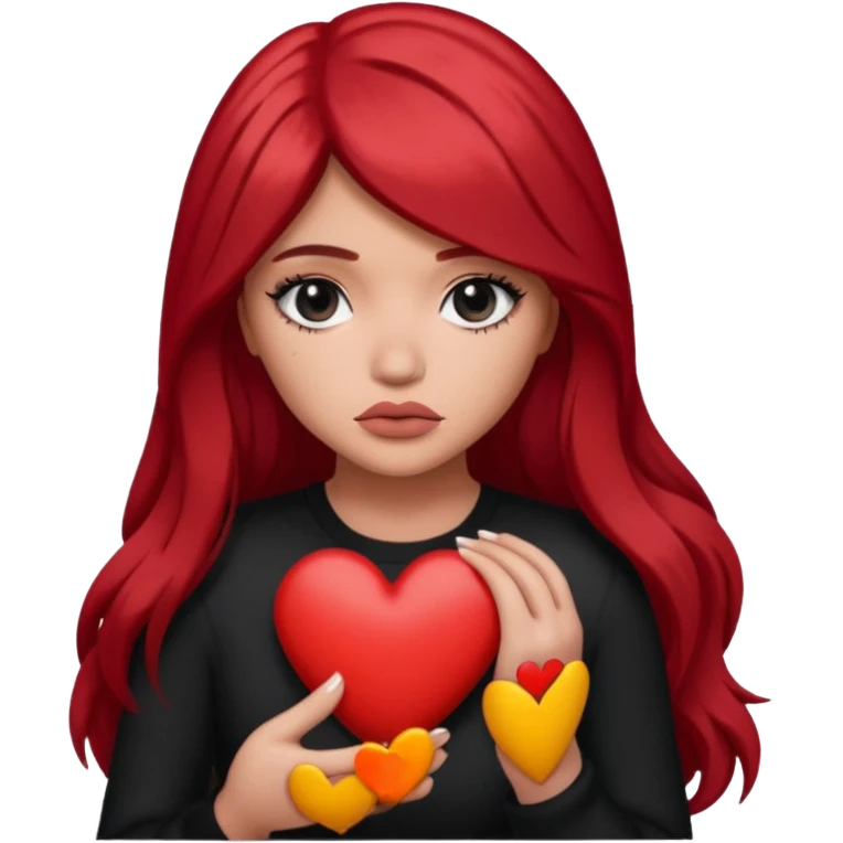 A Kylie Jenner with long red hair is sad and holds a black heart in her hands emoji
