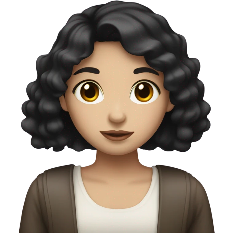 Girl with short black hair, white skin and brown eyes drinking a emoji