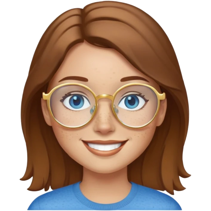Girl with light skin, brown hair, blue eyes, freckles, and gold glasses smiling emoji