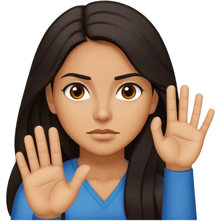Hispanic woman with long hair, determined, hand out saying “no” emoji