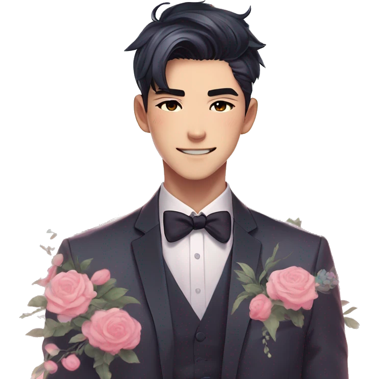 Gorgeous romantic anime style Asian formal modern gentlemanly guy with cat ears and flowers and blushing face aesthetic trending style outside with colorful gradient colors emoji