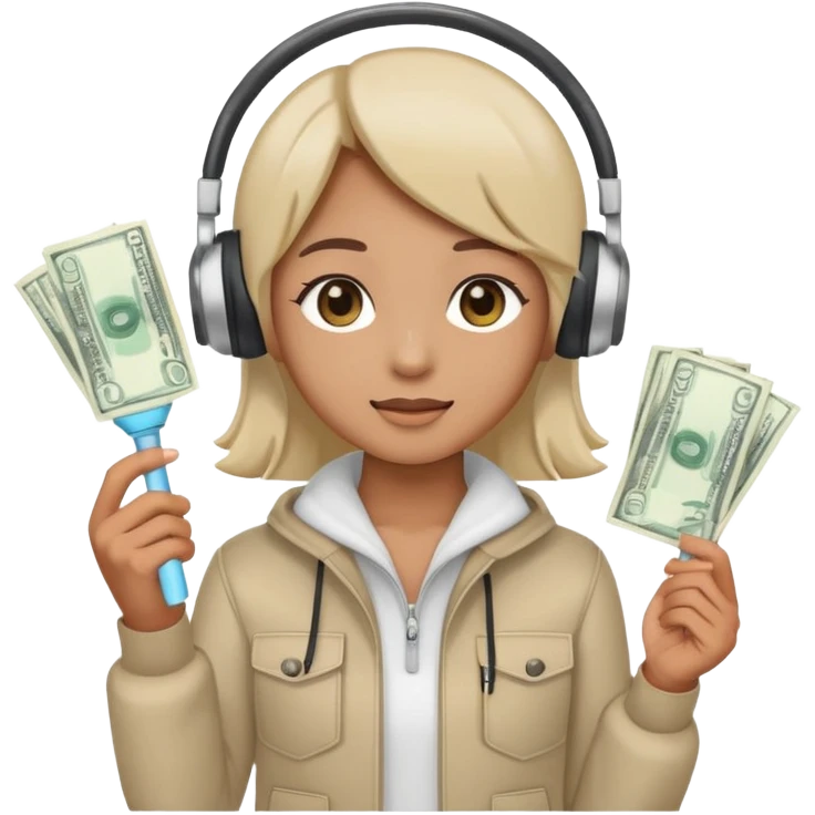 cute emoji style illustration of a K-pop fan holding a bright lightstick in one hand and cash money bills in the other hand, wearing a large headset on the head, round face, simple eyes, flat vector style, soft colors, transparent background, clean outline emoji