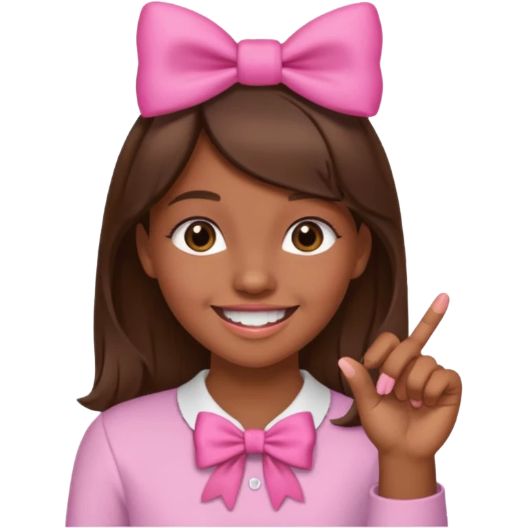 Chica con pelo marron sonriendo con un lazo rosa en la cabeza y mordiendose la punta del dedo indice con delicadeza y la otra mano que no salga en el emoji emoji