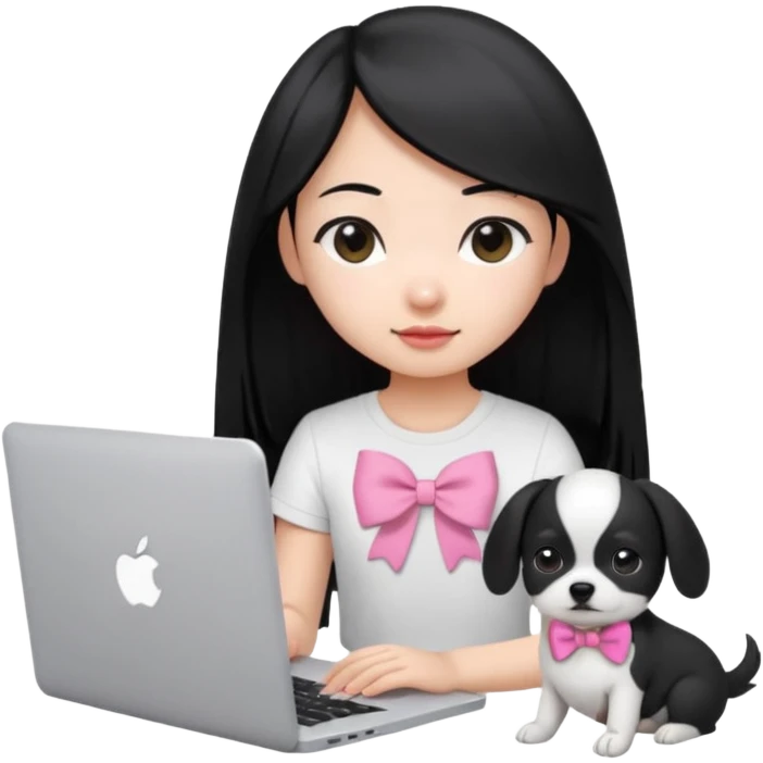 Asian girl long black hair, wearing a white t-shirt, working on an Apple laptop, next to her is a small black and white dog in pink bow emoji