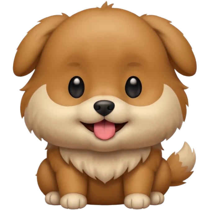 Cute small brown fluffy dog emoji icon. Round face, short muzzle, light brown fur with slightly darker ears, small black nose, happy smiling expression with tongue out. Soft friendly eyes, sitting pose with front paws together. Simple clean vector style, minimal details, kawaii style. emoji