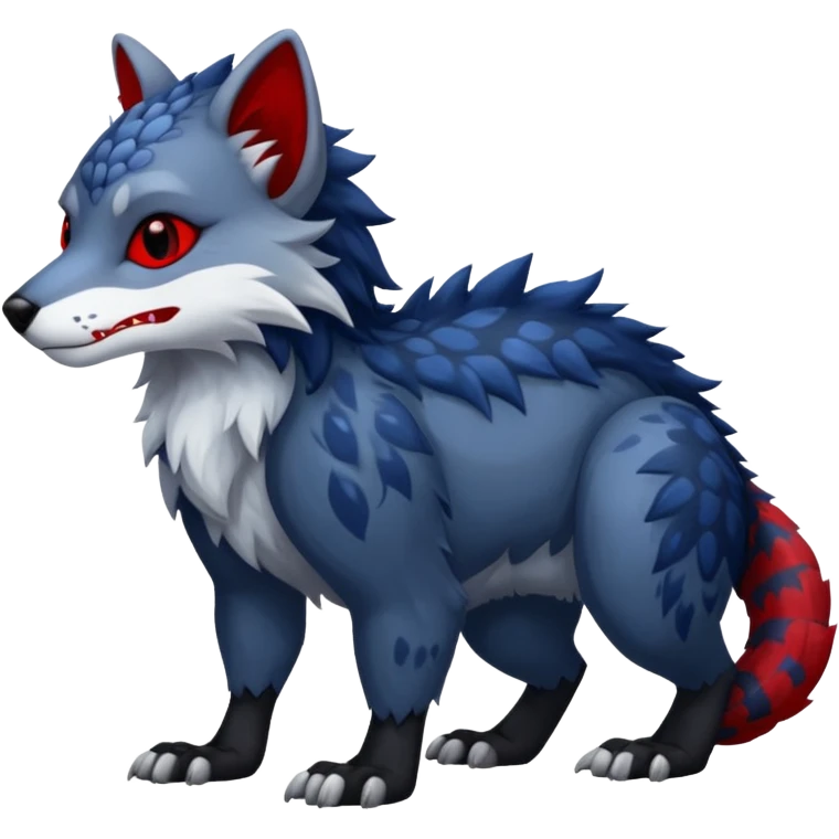midnight blue-gray-black, with red markings, white belly, scaley scaly batty feline-like quadrupedal digitigrade furry feral Bastet-Noibat-Gatomon-Garchomp-Digimon-Fakémon-Pokémon-creature (full body) emoji
