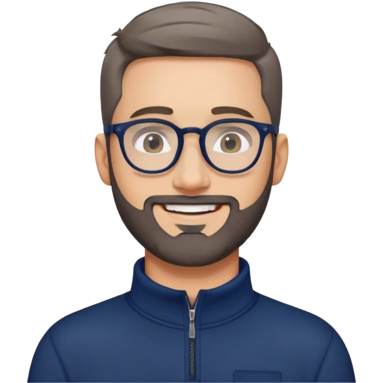 Fair-skinned broader man with oval face, very tight haircut (almost shaved on top, faded sides), short salt and pepper beard, big black-rimmed glasses, friendly smile, navy blue quarter-zip sweatshirt with long sleeves emoji