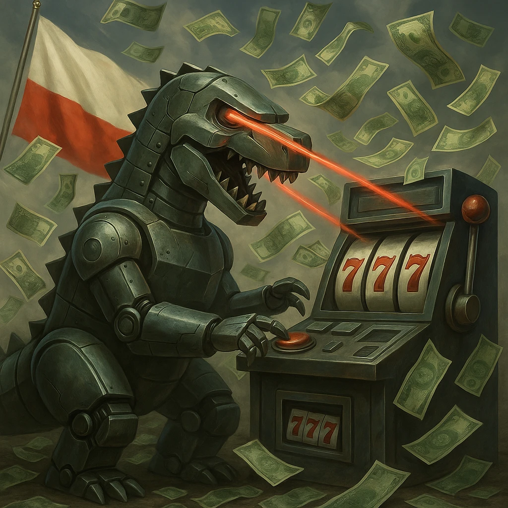 Create a semi-realistic style image of a robot dinosaur shooting lasers out of its eyes while playing a slot machine. Instead of explosions, money is flying everywhere. Include visible Polish flags in the scene. The style should be semi-realistic as described. emoji