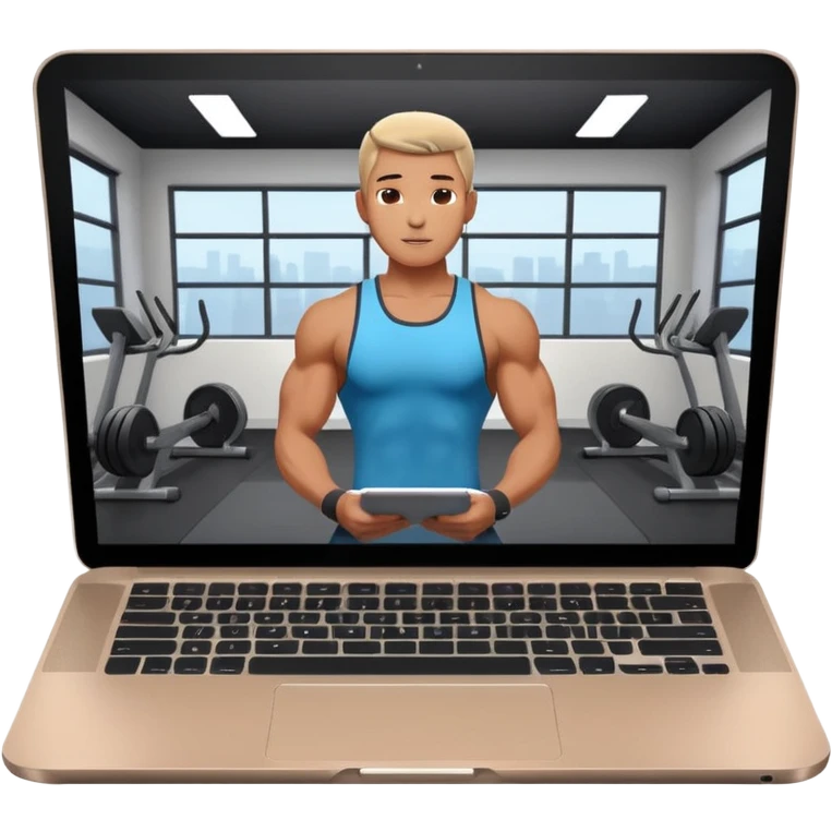 Open laptop on a dark background, showing a male fitness trainer inside a modern professional gym on the screen— smooth rounded edges, soft lighting, no text or logos, minimalistic and high-quality rendering. Only the laptop is visible, centered emoji