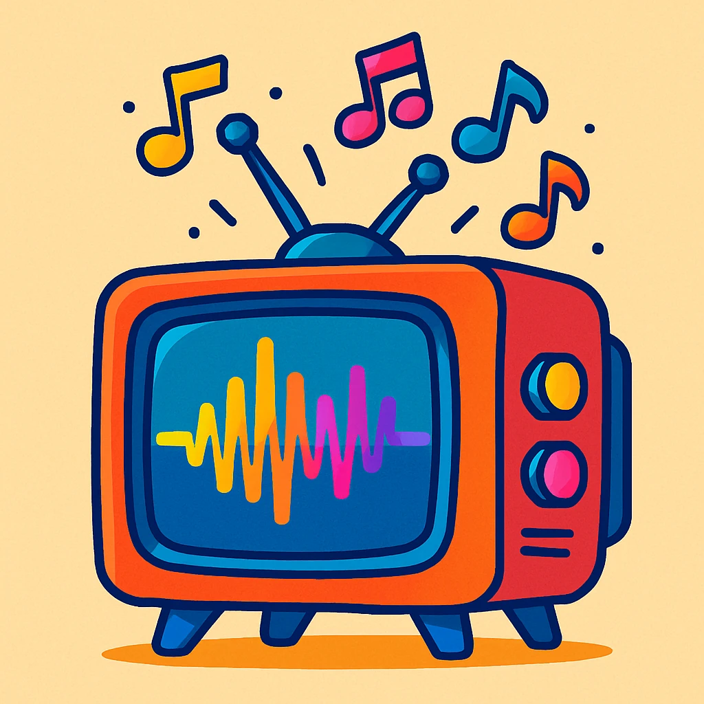 A retro CRT TV showing a sound wave, with animated music notes rising above it, vibrant and playful, vibrant toon style emoji