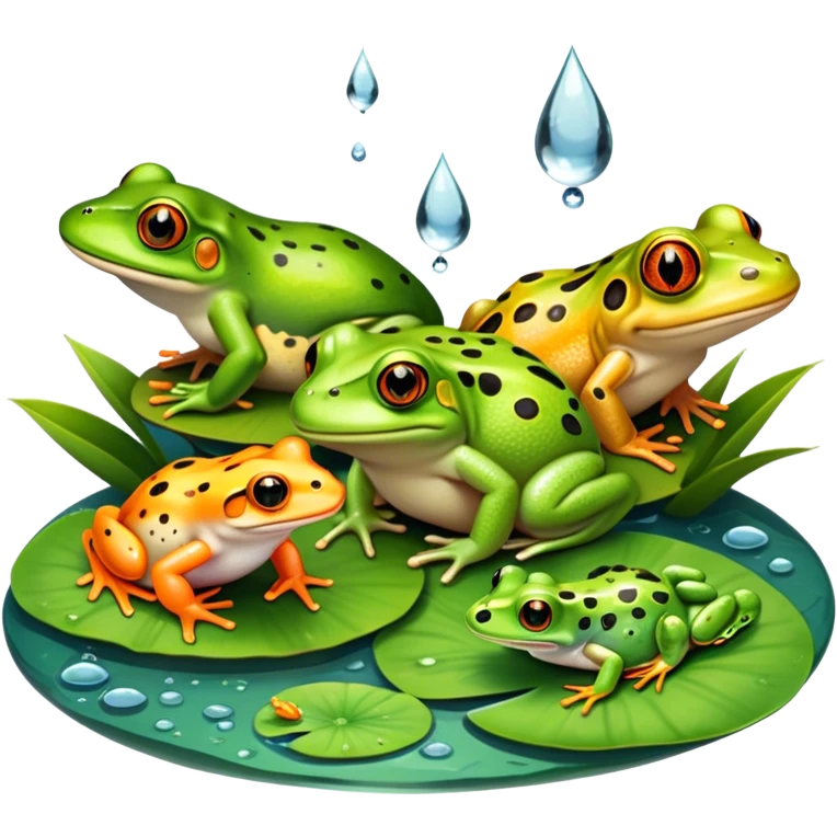Icon for Amphibians: A colorful collage with various amphibians like a bright green frog sitting on a lily pad, a small salamander with orange spots, and a toad with bumpy skin. Water droplets around them and a pond in the background. Transparent background. emoji