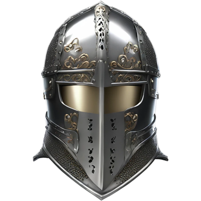 ornate full-face closed armet medieval helmet armor intricate chrome inlays emoji