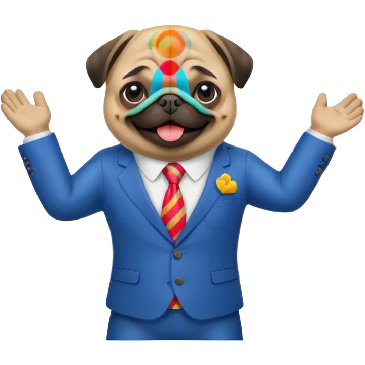 A pug in a suit in front of a stock chart with a rising trend emoji