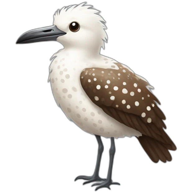 fluffy wet brown speckled sea bird with white spots and long legs and beak emoji