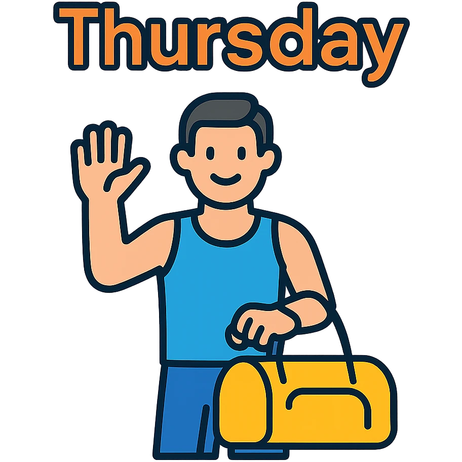 a sportsman holding his gymbag waving his hand goodbye. The word Thursday is above the sportsman emoji