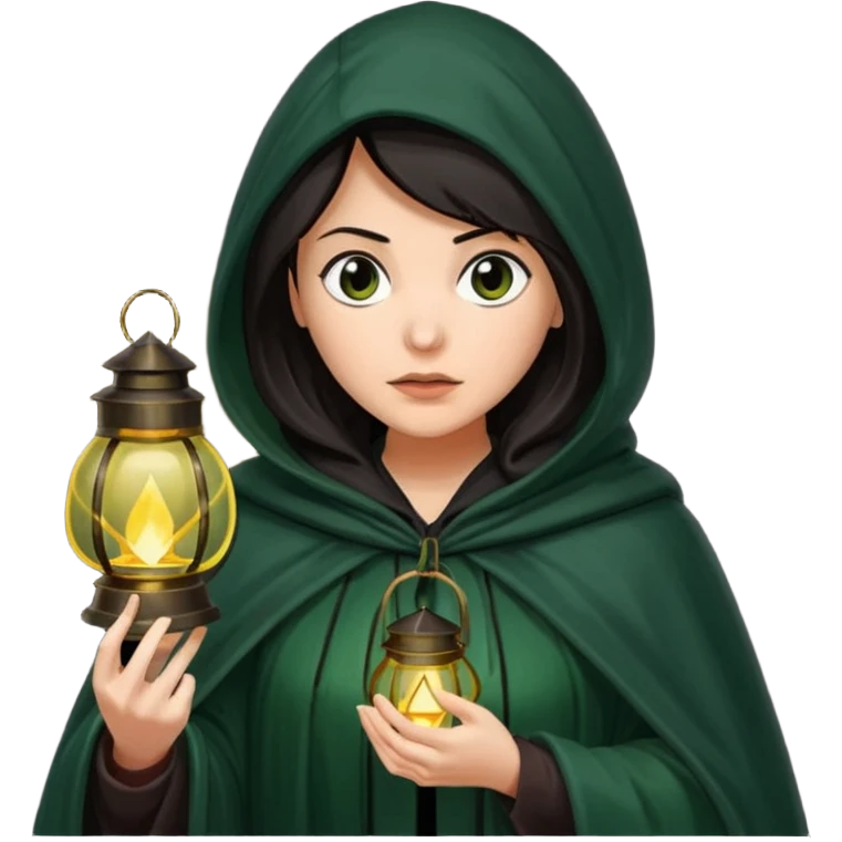 traitor tv show, dark haired woman wearing dark green cloak with hood up who looks very evil, is holding up a lantern, and looking down emoji