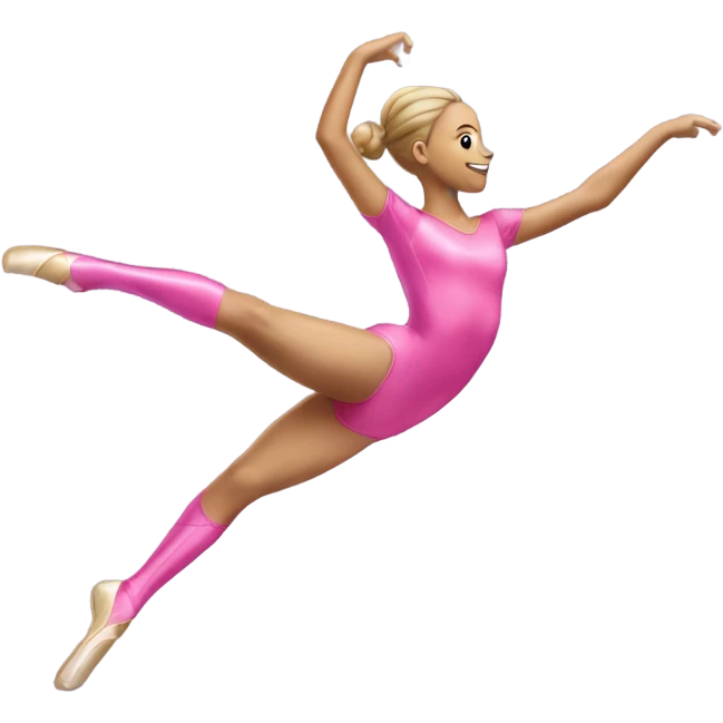 white rythmic gymnast jumping up in really flexible splits holding and twirling a ribbon in a pink leotard emoji