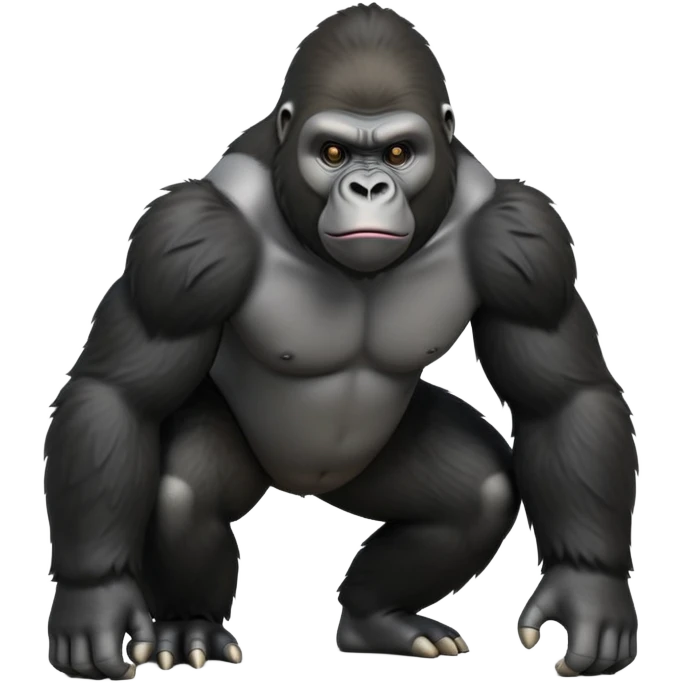 cinematic-friendly gorilla-realistic-full-body-crouched on all fours-emoji,-broad-and-powerful-frame-poised-with-confidence,-massive-arms-hanging-slightly-forward,-head-tilted-thoughtfully,-thick-black-fur,-deep-dark-eyes-full-of-intelligence,-simplified-yet-realistic emoji
