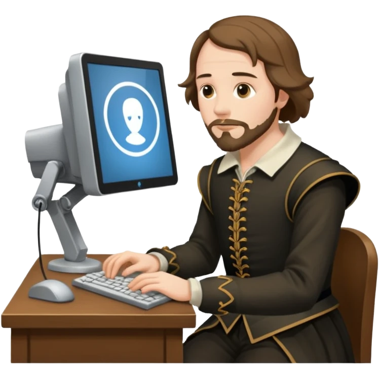 Shakespeare portrait very faithful to original posture dealing with a computer emoji