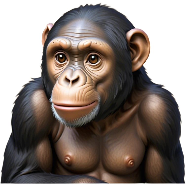 Cinematic Noble Chimpanzee Portrait Emoji, Poised and wise, with a lean, agile build adorned with textured fur and deep, thoughtful eyes, Simplified yet sharp and sophisticated features, highly detailed, glowing with a soft, contemplative glow, high shine, intelligent and vigilant, stylized with an air of primate regality, focused and attentive, soft glowing outline, capturing the essence of a watchful guardian that feels as though it could step out of the screen with effortless authority! emoji