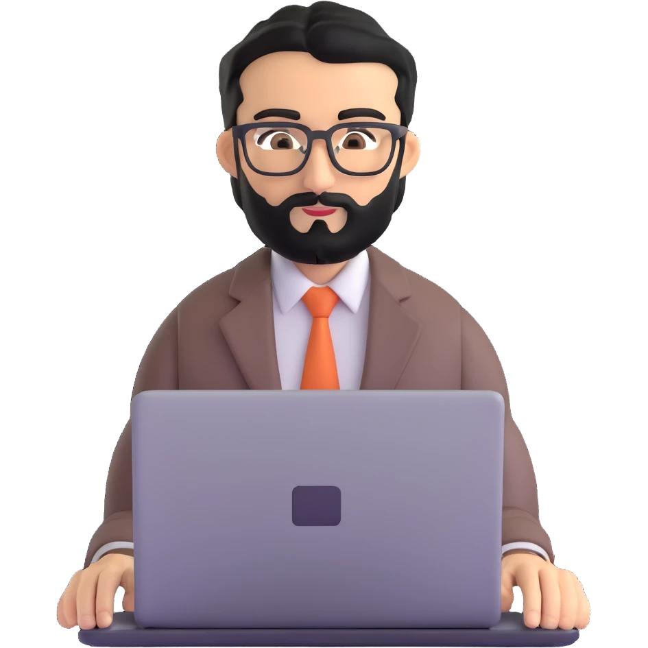 professional middle eastern businessman with well-groomed medium length black beard, neat black hair, connected eyebrows, elongated nose, tan skin, brown eyes, modern glasses, wearing perfectly pressed business casual outfit, efficiently working on a laptop emoji