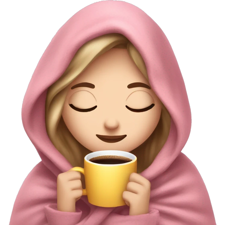 white girl inside a pink blanket sipping coffee eyes closed emoji