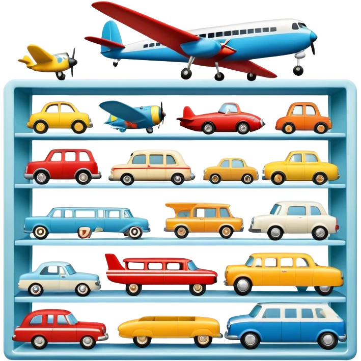 Icon for Toy Collecting: a collection of various vintage toys such as dolls, plush animals, tumblers, cars, planes, ships, action figures, displayed neatly on shelves or in display cases. The icon should evoke the joy and nostalgia of collecting toys. Transparent background. emoji