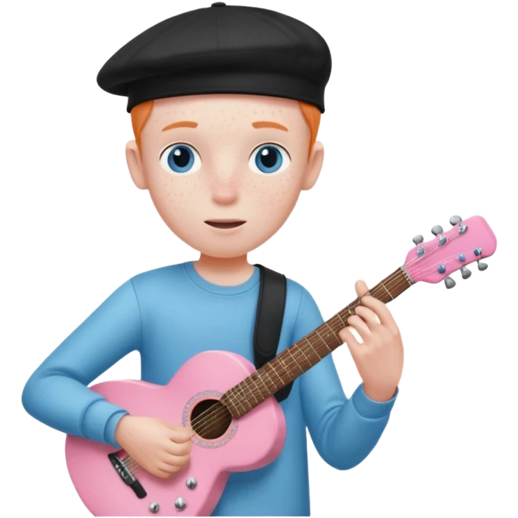 Pale man with light freckles and blue eyes wearing black cap playing a shell pink guitar emoji
