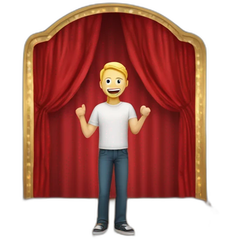 white light skin man person standing in a theater with red curtains standing on elevated stage holding a microphone smiling with light hair emoji