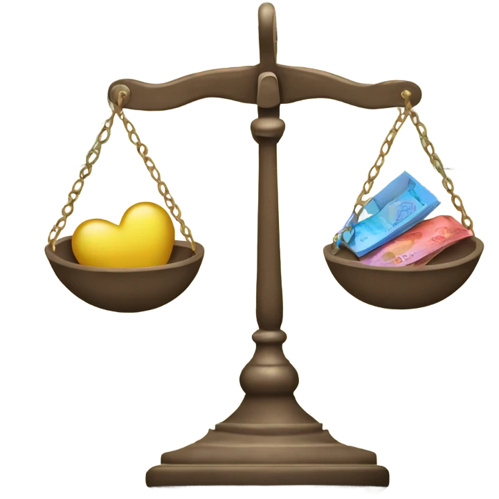 scales, on one side there is a heart, on the other there is banknotes emoji