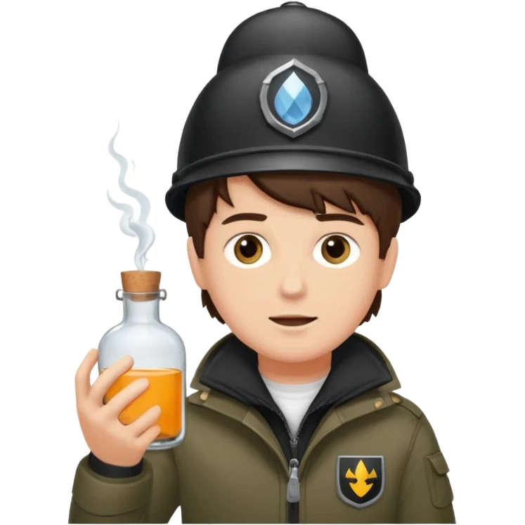 erstell ein bild Von eine jungen der braune augen hat eine sturmhaube trägt und eine Jacky flasche in der Hand hebt plus eine Jacke mit schwarzen fell emoji