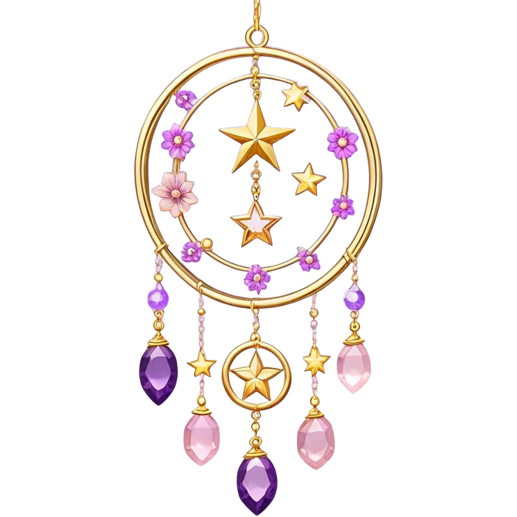 Epic Hanging gold suncatcher, threads with shiny sparkly amethyst and rose-quartz gemstones, flowers, moons, stars, gradient colors, pastel, vibrant colors emoji