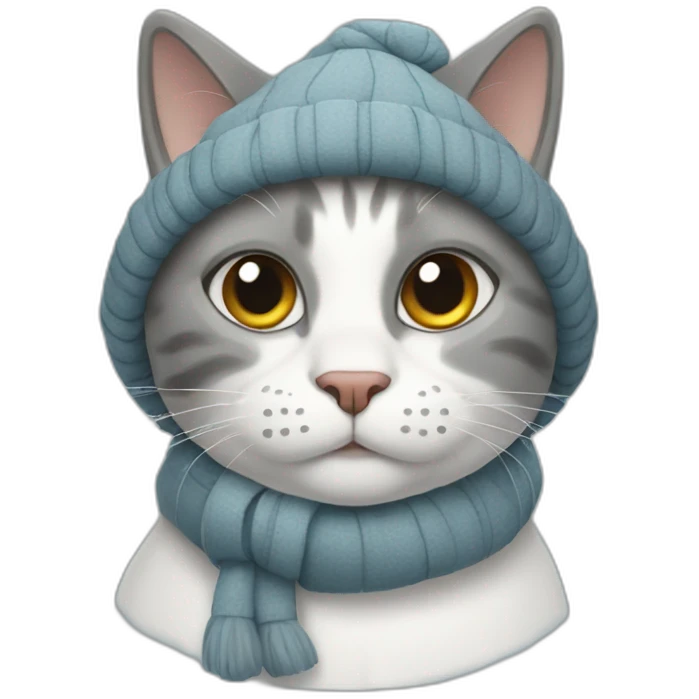A gray cat dressed like a snowman emoji