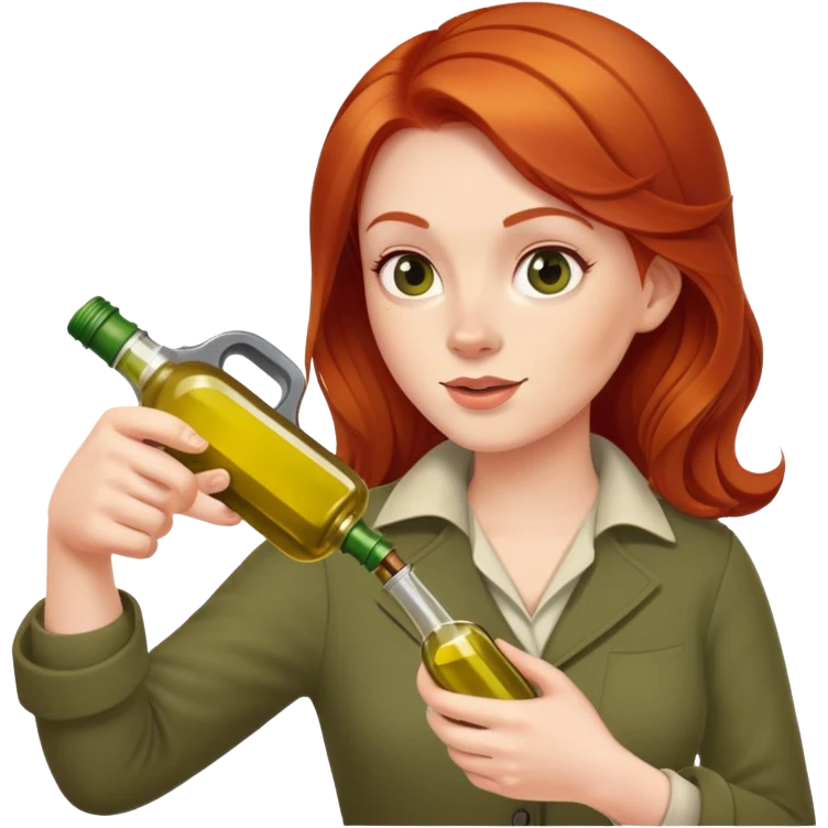 redhead person holding olive oil bottle like a pistol, playful pose emoji