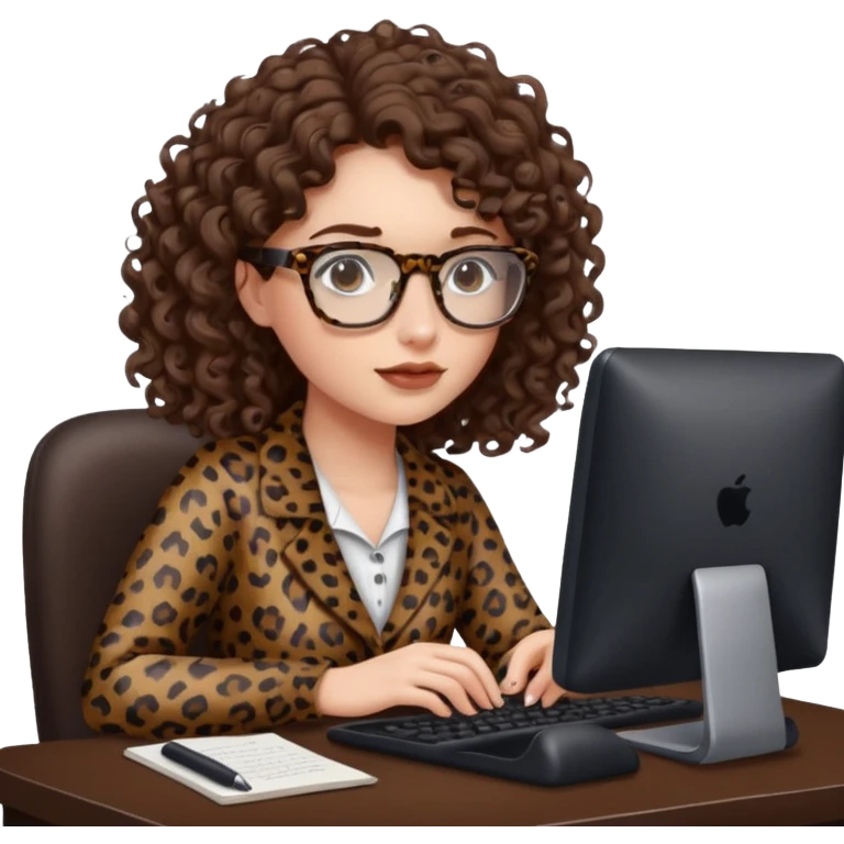 a white young woman with curly brown hair typing in a computer, she's using dark brown leopard glasses and clearly writing something emoji